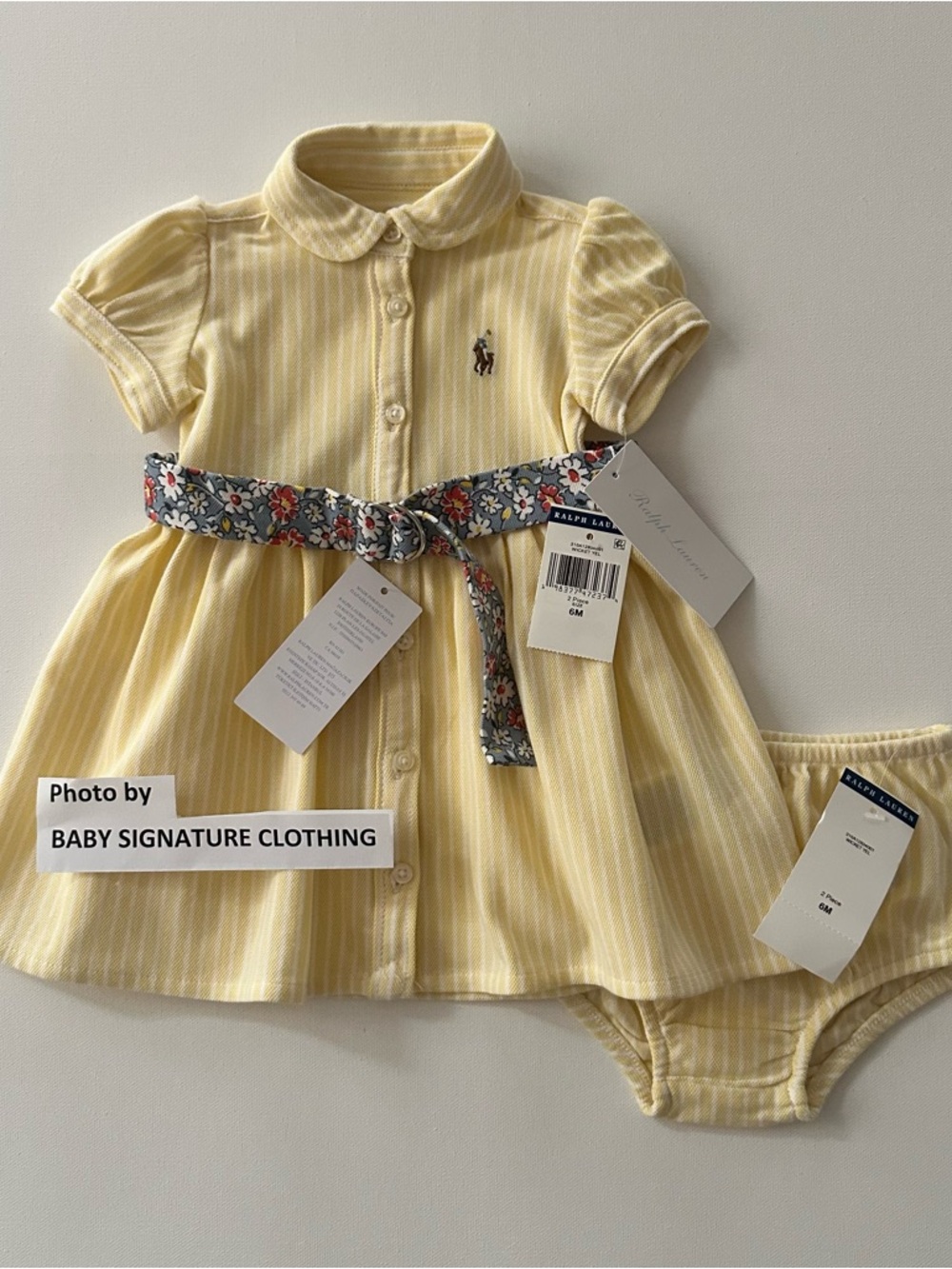 Ralph Lauren 6 Months Baby Girl Yellow Striped Dress Floral Belt Spring Summer
